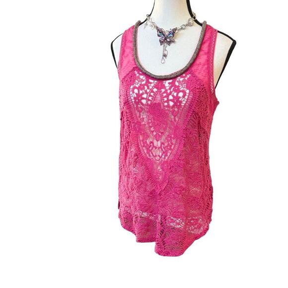 Y2K VTG. MISS ME PINK LACE CROCHET SHEER BEADED TOP BLOUSE MEDIUM - Picture 2 of 8